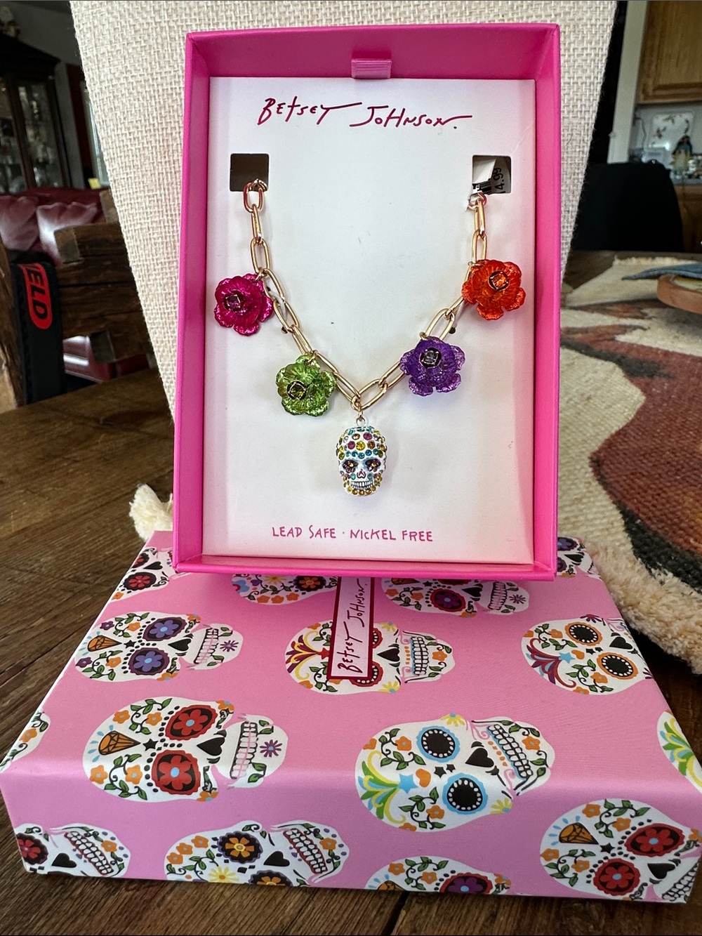 Betsey Johnson Pink Multi-Color Floral Skull Charm Necklace